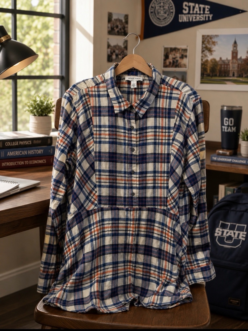 Vintage x America Plaid Shirt in Navy, White & Orange size large